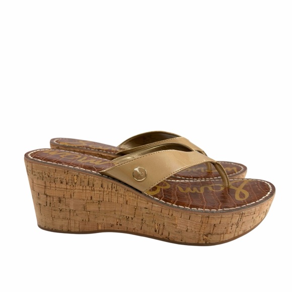 Sam Edelman Romy Faux Patent Platform Cork Wedge Thong Sandals Tan Size 8M - Picture 2 of 15
